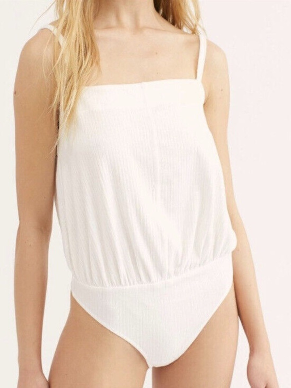 Free People White Ribbed Square Neck Bodysuit